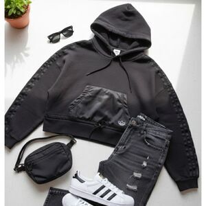 Adidas Originals Women’s Black Boxy Cropped Hoodie - Satin Pocket - Size XS